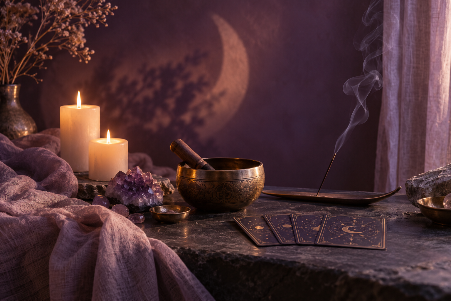 Ambiance mystique violette : bol chantant en laiton, encens, bougies et améthyste